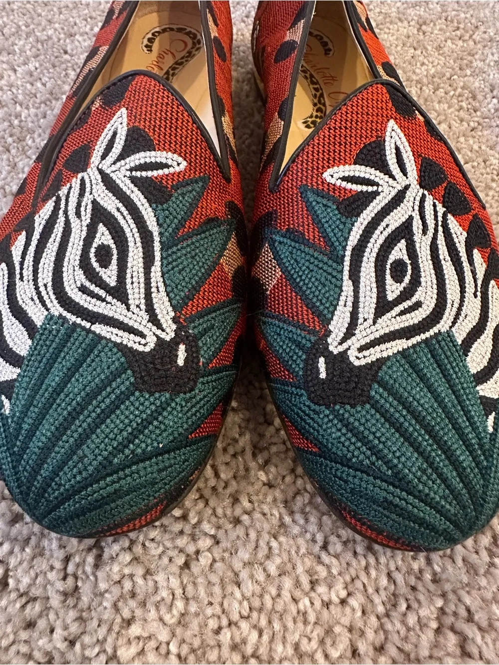 Charlotte Olympia Red, Green and White Zebra Embroidered Slip-Ons